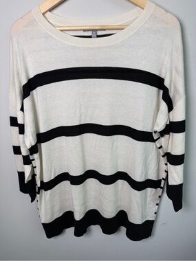 Neiman Marcus Cashmere Collection Silk Blend Striped Sweater Ivory Black Sz XL